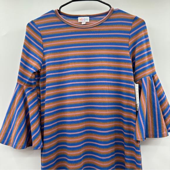 LuLaRoe Maurine Blue & Pink Striped Ruffle Asymmetrical Hem Midi Dress Size XXS - Picture 2 of 10